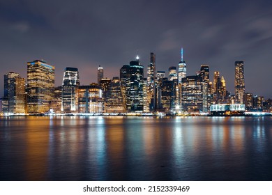 Manhattan Skyline Night Buildings Illuminated Blue Stock Photo ...