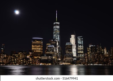 Manhattan Skyline At Night, NYC, USA.