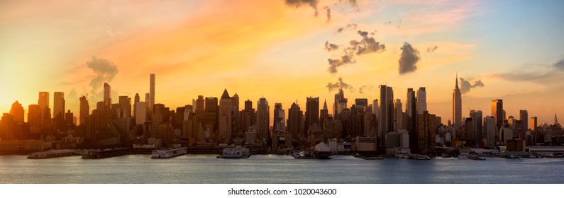 Manhattan Skyline Panorama At Sunrise, New York City