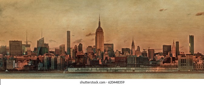 Manhattan Skyline Panorama At Sunset , New York City. Vintage Painting Effect.