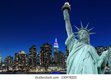 Manhattan Skyline Statue Liberty Night New Stock Photo 130978202 ...