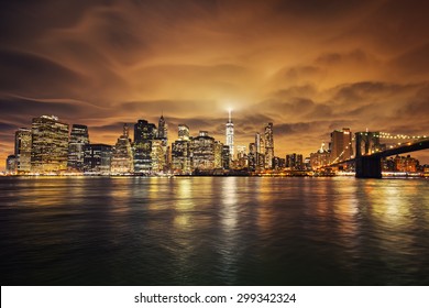 Manhattan at sunset, New York City. View from Brooklyn