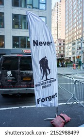 Manhattan, USA - 11. November 2021: Wounded Warrior Project Flag And Truck. Veterans Day Parade In New York City. Helping Veterans