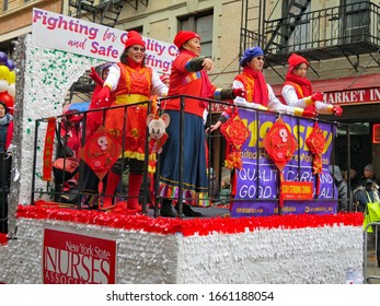 Manhattan,New York USA 2-9-20 The New York State Nurses Association Take Part In New York's Lunar New Year Parade 2020 Aboard Their Decorated Float With A Message Of Support To China Over Coronavirus