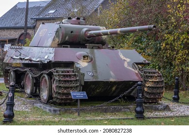 Manhay, Belgium - November 2, 2021: This German Panther tank (Panzer V G-type or ausf G) is in front of the war museum in Manhay. Liege Province. Selective focus.