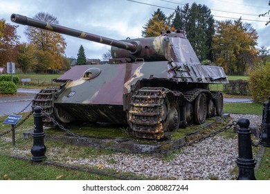 Manhay, Belgium - November 2, 2021: This German Panther tank (Panzer V G-type or ausf G) is in front of the war museum in Manhay. Liege Province. Selective focus.