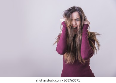 Maniac Woman Screaming, Angry And Frustrated, White Background, Very Long Hair