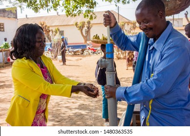 Manica, Mozambique - August 2, 2019: Hand Water Pump Innovation Being Used For Hand Washing In Africa