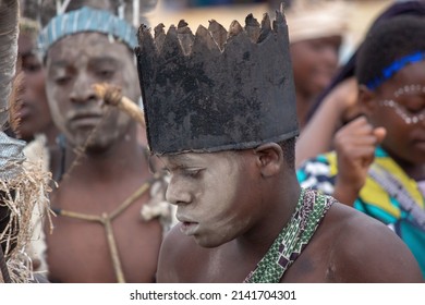 Manica, Mozambique - March 28, 2022: Boy Dressed As Warrior King From Colonial War Time