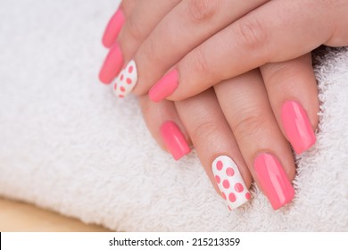 Manicure - Beauty Treatment Photo Of Nice Manicured Woman Fingernails. Very Nice Feminine Nail Art With Nice Pink And White Nail Polish. Selective Focus.