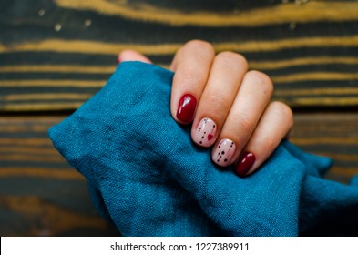 Manicure Burgundy Color. Nails Design. Nails With Hearts. Top View. Place For Text. St. Valentines Nails Concept.