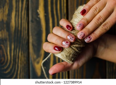 Manicure Burgundy Color. Nails Design. Nails With Hearts. Top View. Place For Text. St. Valentines Nails Concept.