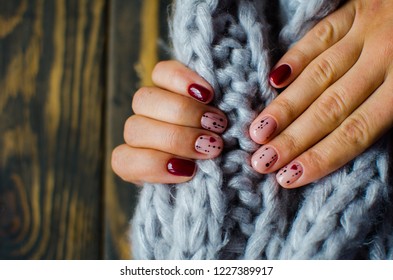 Manicure Burgundy Color. Nails Design. Nails With Hearts. Top View. Place For Text. St. Valentines Nails Concept.