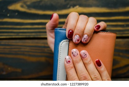 Manicure Burgundy Color. Nails Design. Nails With Hearts. Top View. Place For Text. St. Valentines Nails Concept.