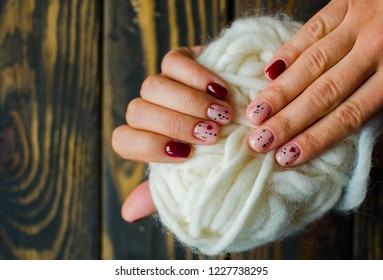 Manicure Burgundy Color. Nails Design. Nails With Hearts. Top View. Place For Text. St. Valentines Nails Concept.