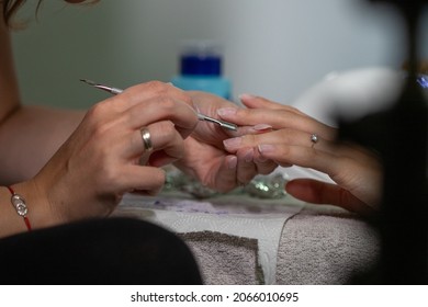 Manicure And Hands Spa. Beautiful Woman Hand Closeup. Manicured Nails And Soft Hands Skin Wide Banner. Beauty Treatment. Beautiful Woman's Nails With Beautiful Baby Boomer Manicure Copy Space For