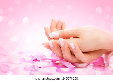 Manicure, Hands Spa Beautiful Woman Hands, Soft Skin, Beautiful Nails With Pink Rose Flowers Petals. Healthy Woman Hands. Beauty Salon. Beauty Treatment.  Female Nails With Beautiful French Manicure 