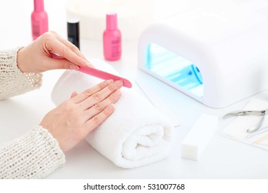 Manicure And Hybrid Nails Painting Process.