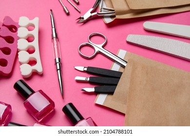 Manicure Kit On Color Background, Closeup