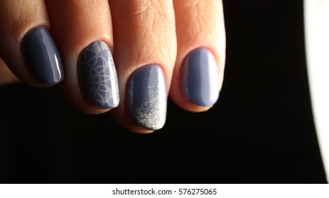 Manicure nail design blue and lace   sequins gradient
