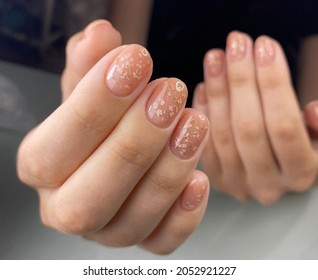 Manicure In Nude Colors With Dry Flowers, Beauty Salon Banner, Nail Artist