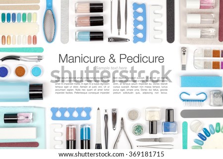 manicure and pedicure tools and other accessories on white background. frame composition with copyspace