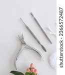 Manicure tools on white surface, top view, green plant. Beauty salon, aesthetics. High quality photo