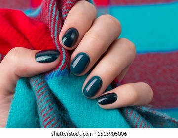 Manicured woman's hands holding warm wool turquoise fabric. Trendy winter autumn dark nail design.