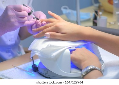 Manicurist master is covering painting client's nails top coat shellac, hands closeup. One hand drying in UV lamp. Professional manicure with gel polish in beauty salon. Beauty industry concept. - Powered by Shutterstock