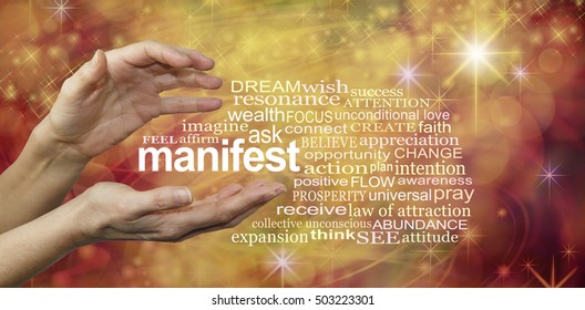 Manifest your Dreams Word Cloud - female hands with the word MANIFEST floating between surrounded by a relevant word cloud on a warm golden swirling sparkling energy formation background - Shutterstock ID 503223301