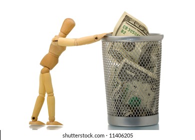 Manikin Pushing Mesh Trash Bin With Hundred Dollars Inside