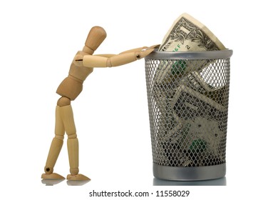 Manikin Pushing Mesh Trash Bin With Dollar Inside