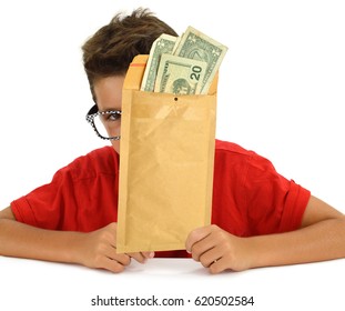 Manila Envelope Money (Twenty Dollar Bill US Currency) Elementary School Boy Eyeglasses Red Shirt White Desk