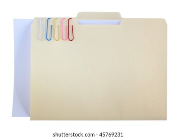 Manila Folder And Five Paper Clips With Blank Paper, Clipping Path Included