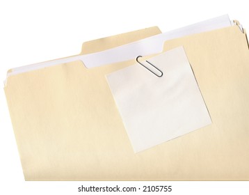 Manila Folder And Paper Clipped Note Isolated On White