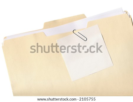 Manila folder and paper clipped note isolated on white