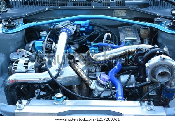 MANILA,\
PH - DEC. 8: Customized Toyota Corolla car engine on December 8,\
2018 at Bumper to Bumper car show in Manila, Philippines. Bumper to\
Bumper is an car show featuring aftermarket\
cars.