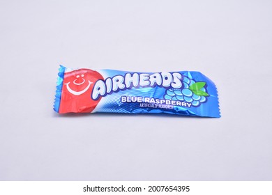 MANILA, PH - JULY 9 - Airheads Candy Blue Raspberry Flavor On White Background July 9, 2021 In Manila, Philippines.