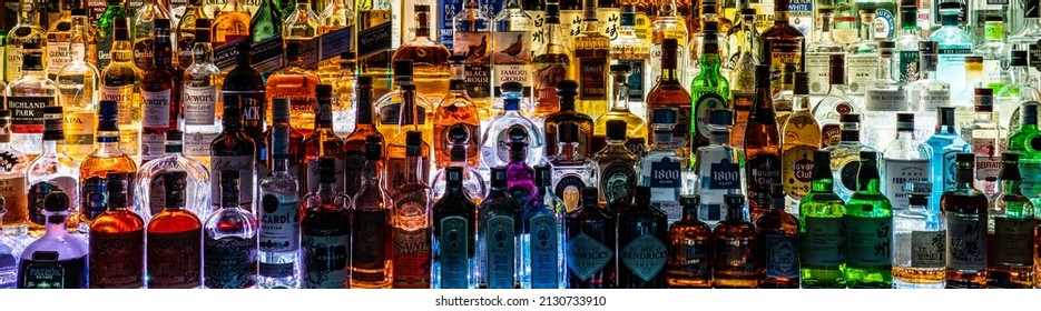 Manila, Philippines - April 2019: Banner Header Image Of Lined Up Liquor Bottles At The Bar.