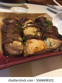 Manila, Philippines; April 6, 2018: A Dish Of Tofu Wrapped In Thinly Sliced Beef, Served At The Omakase Japanese Restaurant In Quezon City