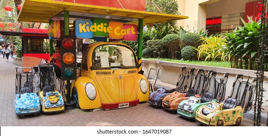 Manila, Philippines - January 19 2020: Kid's Trolleys Lined Up At Kiddie Cart In SM Mall Of Asia