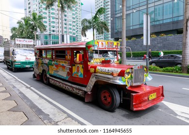 Manila, Philippines - Jul 14, 2018 : Jeepney, Philippines public transportation near Greenbelt shopping mall in Metro Manila