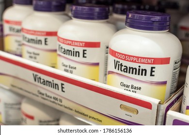 Manila, Philippines - July 2020: A Row Of Vitamin E Bottles At A Drugstore Or Supermarket.