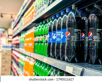 Manila, Philippines - July 2020: A Row Of Pepsi Products On Display At An Aisle In A Supermarket. Mountain Dew, Pepsi And Pepsi Max.