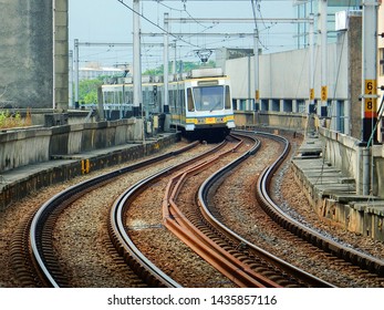 Manila, Philippines - November 11, 2016: Manila Light Rail Transit System Line 1 Train Arriving Carriedo Station 