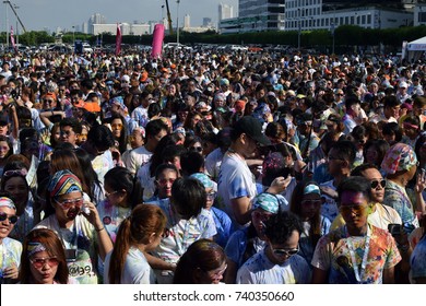 Manila, Philippines - October 22, 2017: Organized By Social Groups, Huge Crowd Of Young People Gather At Color Manila Glitter Run Festivity On City Square, Having Fun.