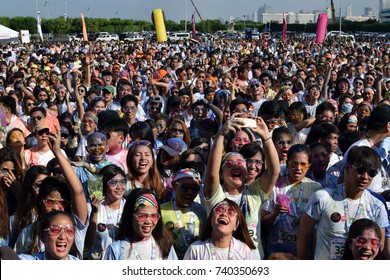 Manila, Philippines - October 22, 2017: Organized By Social Groups, Huge Crowd Of Young People Gather At Color Manila Glitter Run Festivity On City Square, Having Fun.