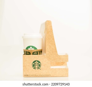 Manila The Philippines - October 4 2022: Starbucks Coffee Isolated Against A White Background Showcasing Environmental Recycling Efforts Of Being A Good Global Corporate Citizen. 