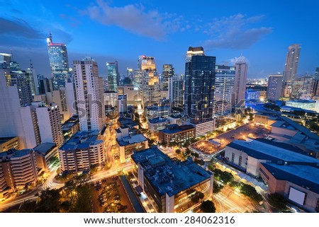 Manila Skyline. Eleveted, night view of Makati, the business district of Metro Manila. 