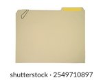 manilla file folder with blank tag and paper clip isolated on white background